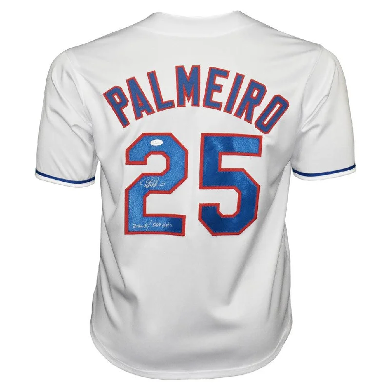 Rafael Palmeiro Signed 3020 Hs 569 HRs Inscription Texas White Baseball Jersey (JSA)