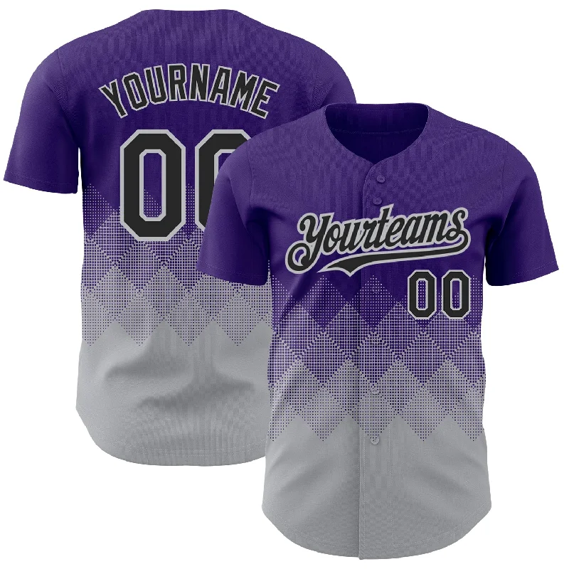 Custom Purple Black-Gray 3D Pattern Design Gradient Square Shapes Authentic Baseball Jersey