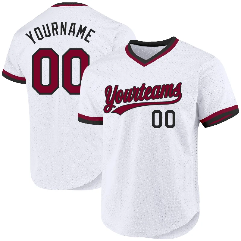 Custom White Maroon-Black Authentic Throwback Baseball Jersey