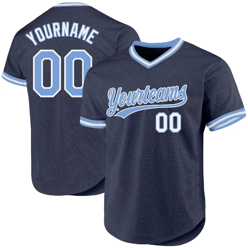 Custom Navy Light Blue-White Authentic Throwback Baseball Jersey