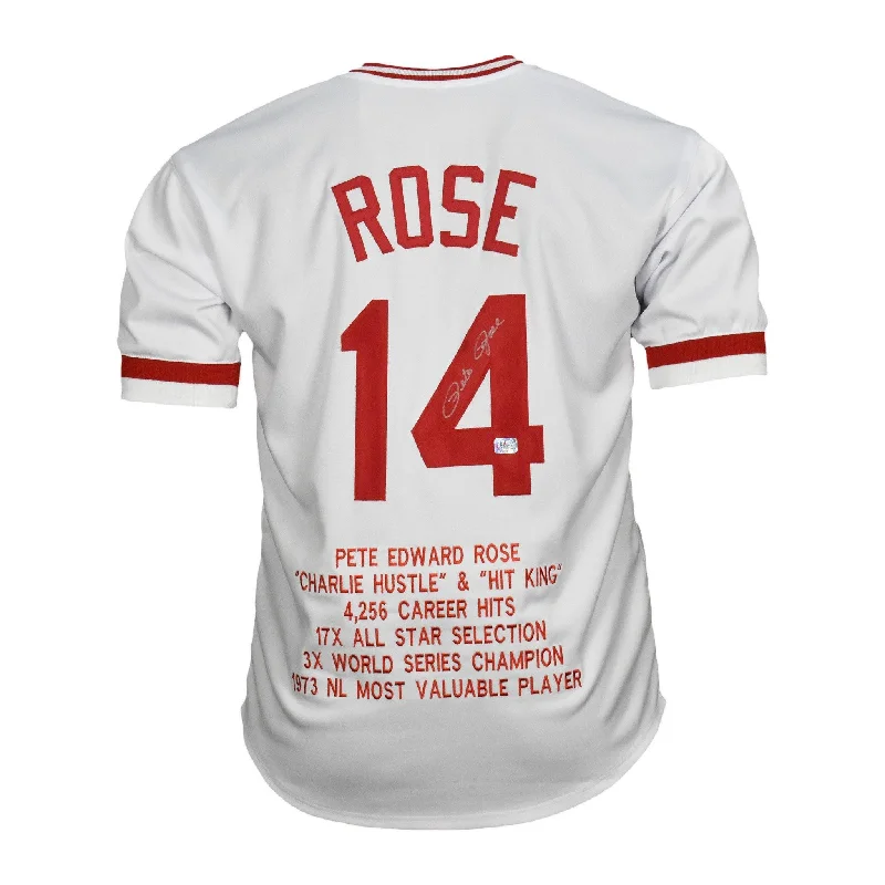 Pete Rose Signed Stats Cincinnati Pro Edition White Jersey (Fiterman and JSA)