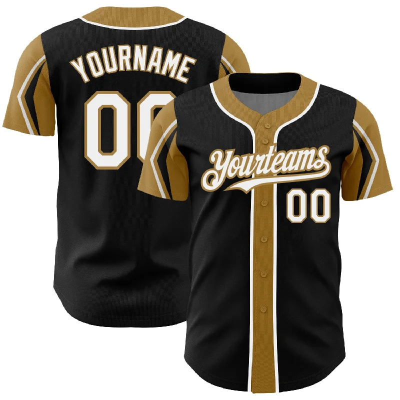 Custom Black White-Old Gold 3 Colors Arm Shapes Authentic Baseball Jersey