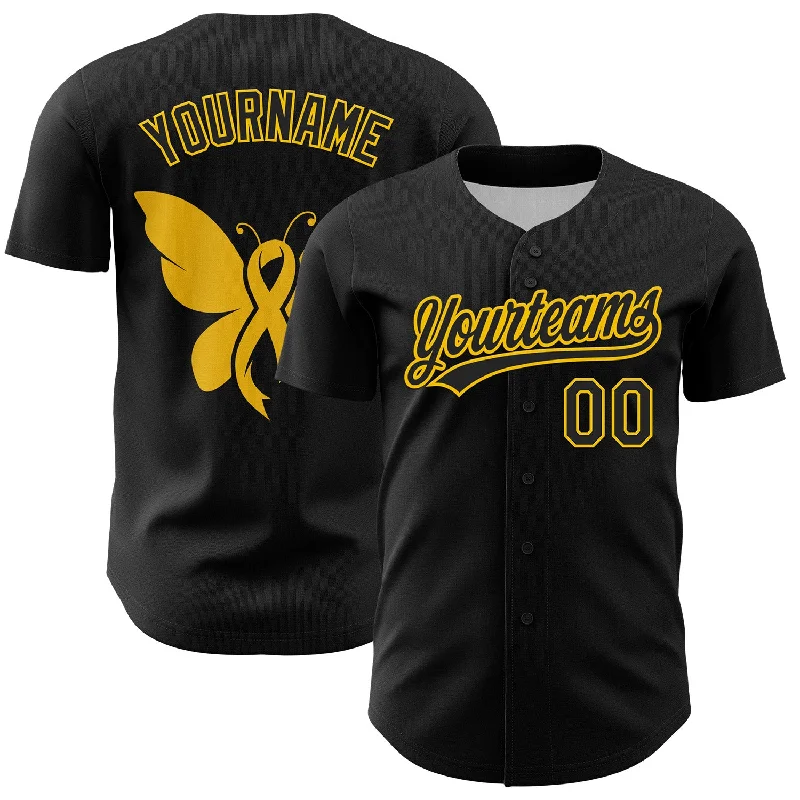 Custom Black Yellow 3D Childhood Cancer Gold Ribbon Authentic Baseball Jersey