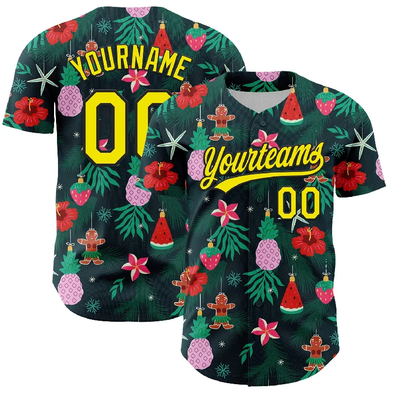 Custom Green Light Yellow-Black 3D Funny Christmas Authentic Baseball Jersey