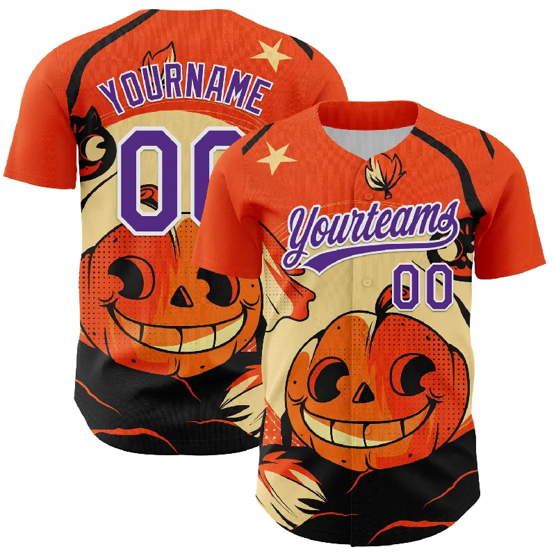 Custom Orange Purple-White 3D Halloween Authentic Baseball Jersey