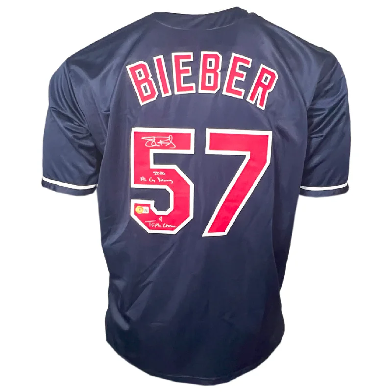 Shane Bieber Signed 2020 AL CY Young 1st Triple Crown Inscription Cleveland Navy Baseball Jersey (Beckett)