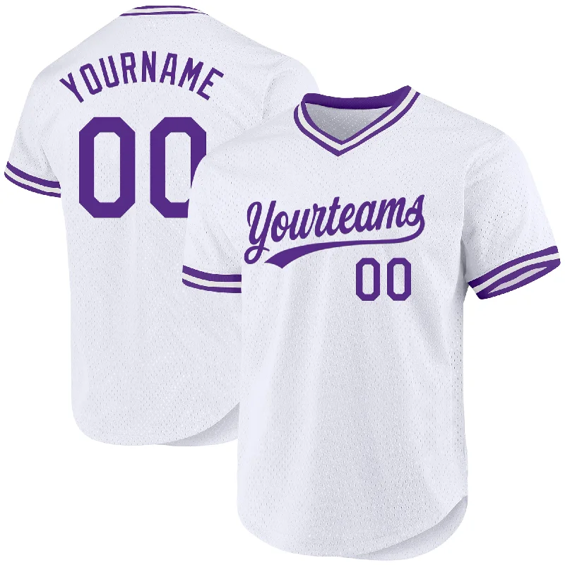 Custom White Purple Authentic Throwback Baseball Jersey