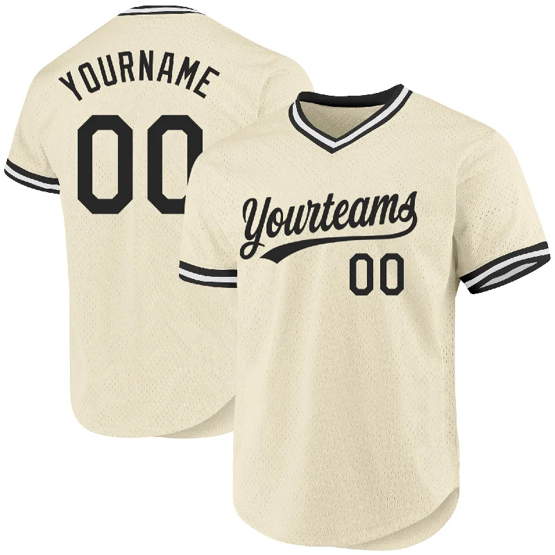 Custom Cream Black-White Authentic Throwback Baseball Jersey