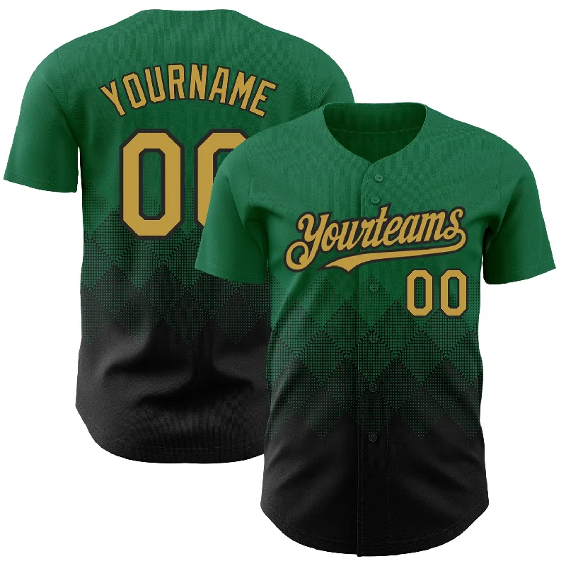 Custom Kelly Green Old Gold-Black 3D Pattern Design Gradient Square Shapes Authentic Baseball Jersey