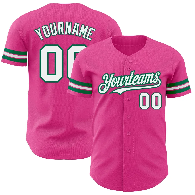 Custom Pink White-Kelly Green Authentic Baseball Jersey