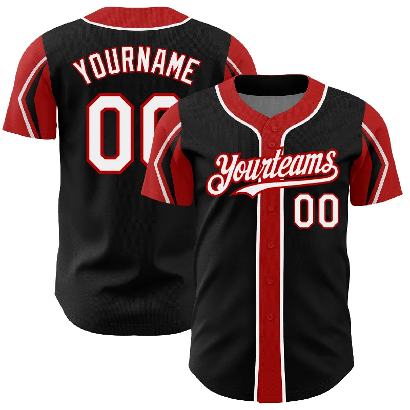 Custom Black White-Red 3 Colors Arm Shapes Authentic Baseball Jersey