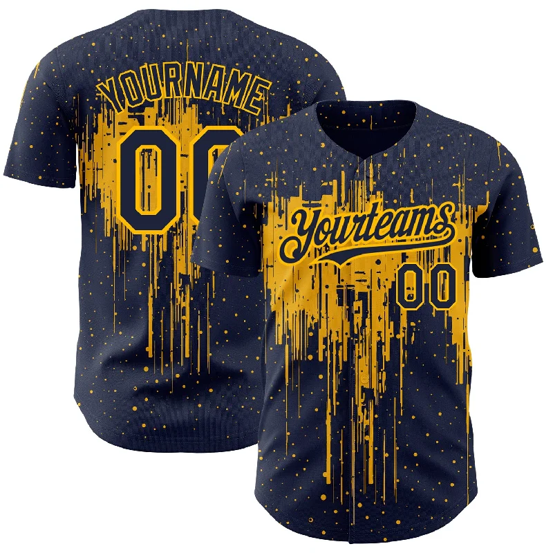 Custom Navy Gold 3D Pattern Design Dripping Splatter Art Authentic Baseball Jersey