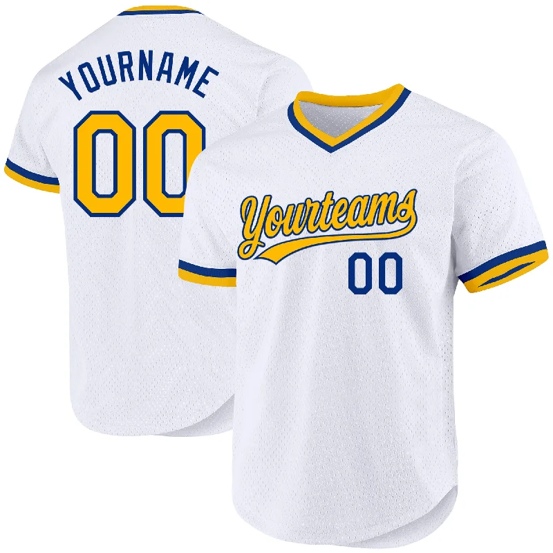 Custom White Gold-Royal Authentic Throwback Baseball Jersey