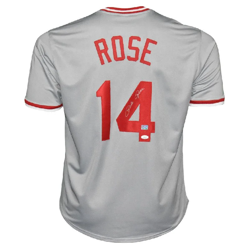 Pete Rose Signed Cincinnati Pro Style Grey Baseball Jersey (JSA)