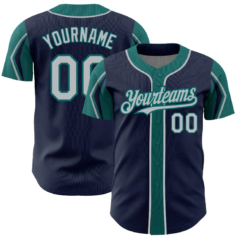 Custom Navy Gray-Teal 3 Colors Arm Shapes Authentic Baseball Jersey