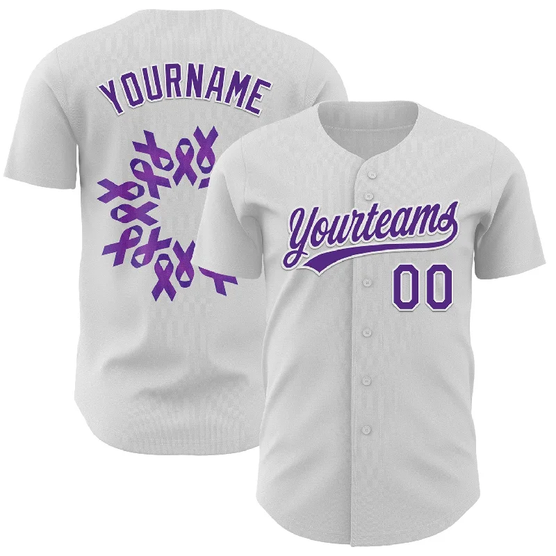 Custom White Purple 3D Pancreatic Cancer Ribbon Authentic Baseball Jersey