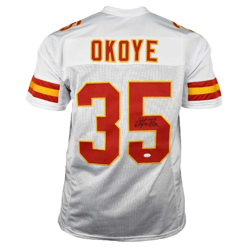 Christian Okoye Signed Pro-Edition White Football Jersey (Beckett)