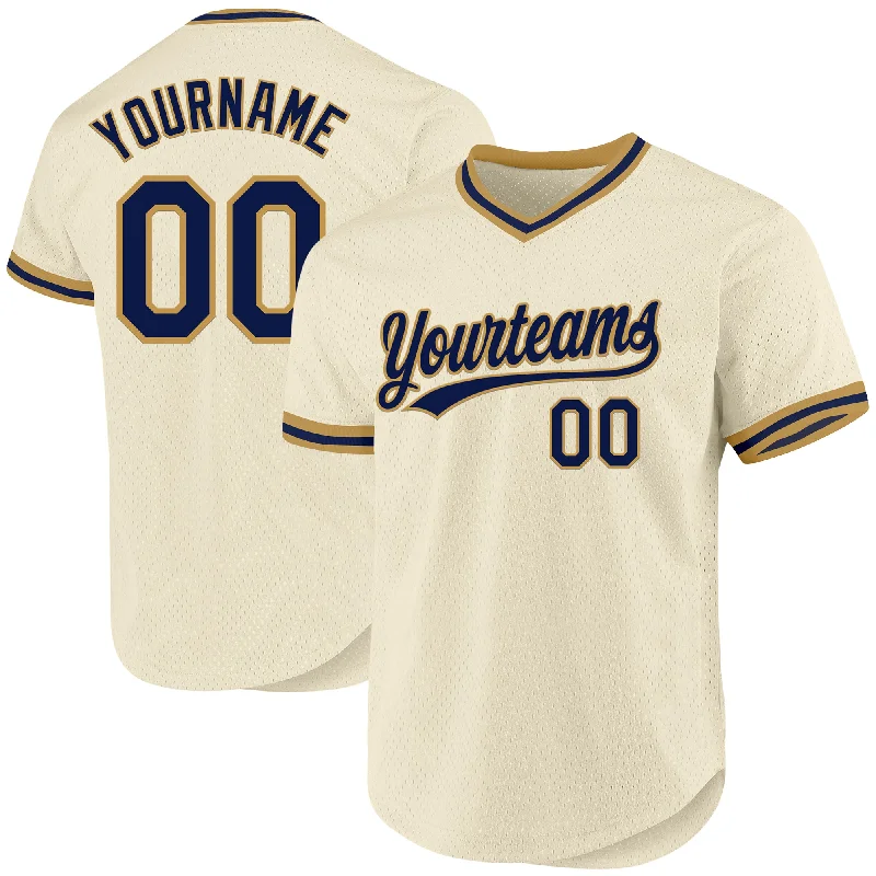 Custom Cream Navy-Old Gold Authentic Throwback Baseball Jersey