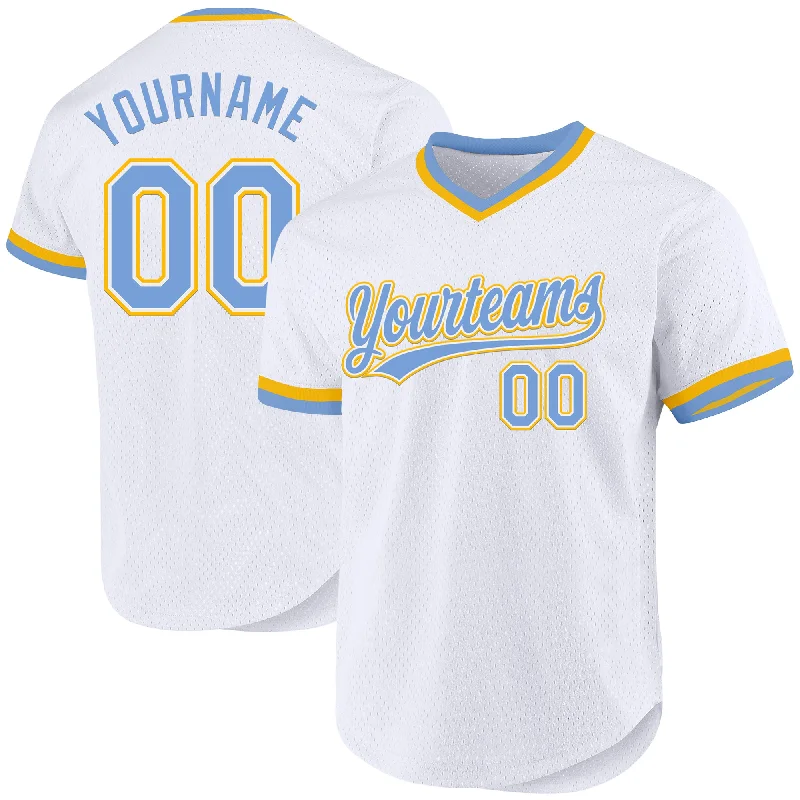 Custom White Light Blue-Gold Authentic Throwback Baseball Jersey