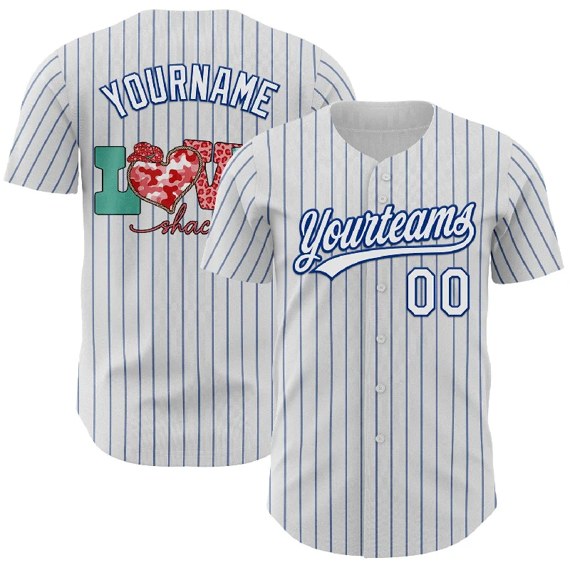 Custom White Royal Pinstripe Royal 3D Love Heart Valentine's Day Authentic Baseball Jersey