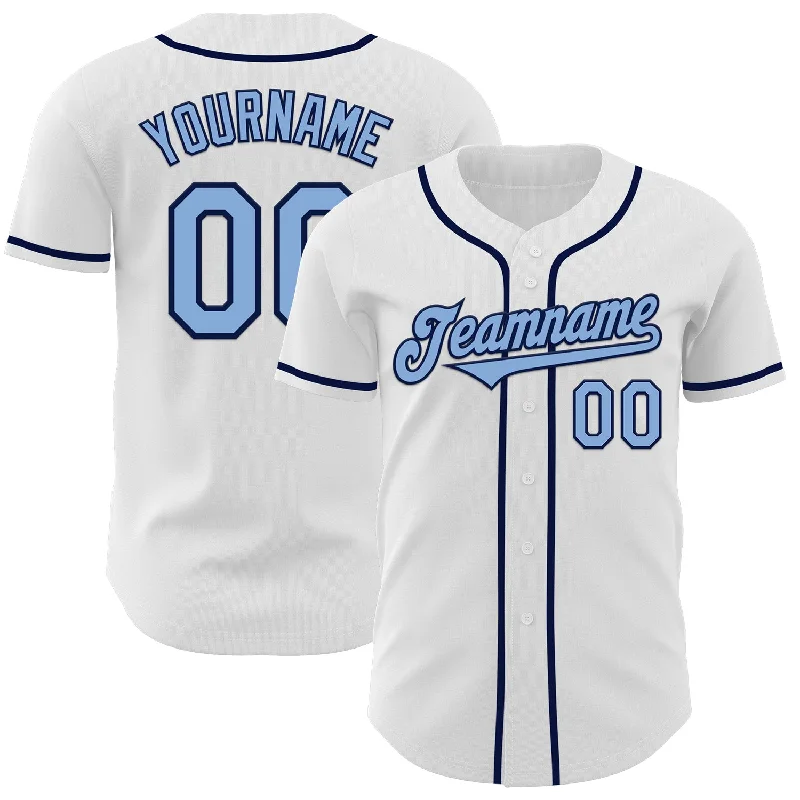 Custom White Light Blue-Navy Authentic Baseball Jersey