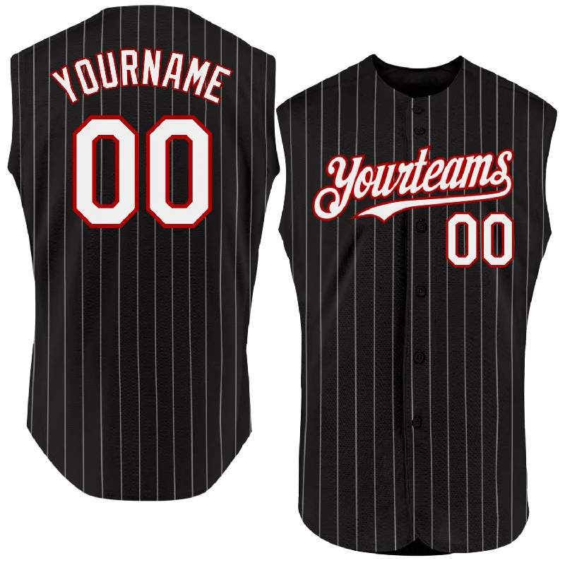 Custom Black White Pinstripe Orange Authentic Sleeveless Baseball Jersey