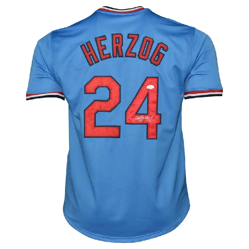 Whitey Herzog Signed St Louis Blue Baseball Jersey (JSA)