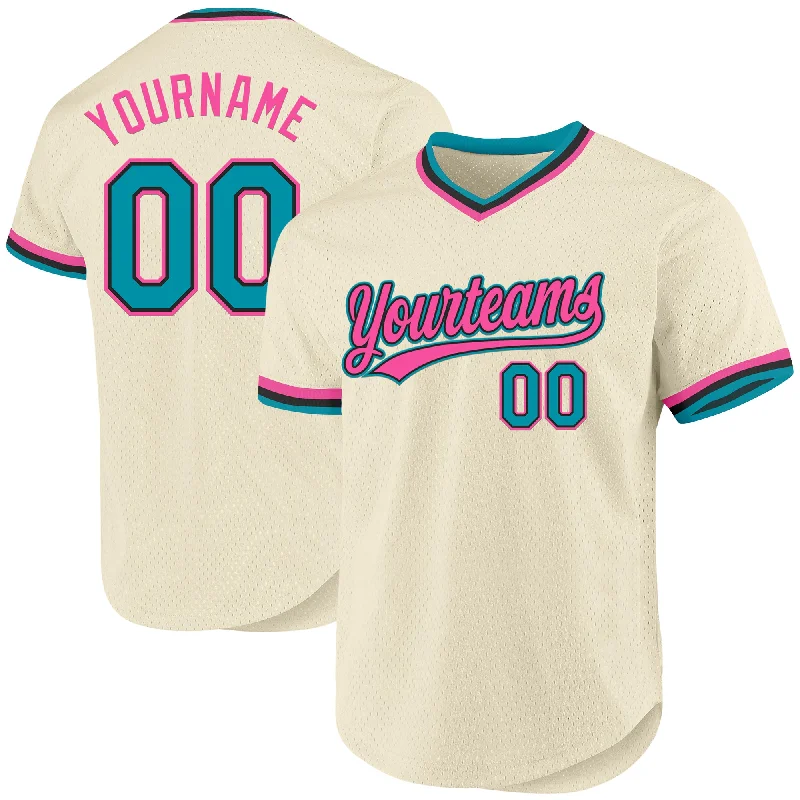 Custom Cream Teal Black-Pink Authentic Throwback Baseball Jersey