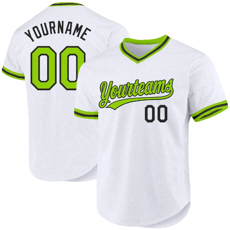 Custom White Neon Green-Black Authentic Throwback Baseball Jersey