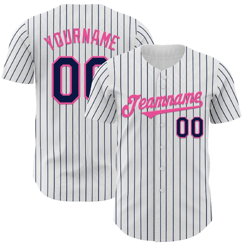 Custom White Navy Pinstripe Pink Authentic Baseball Jersey