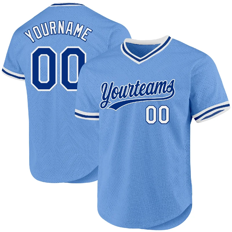 Custom Light Blue Royal-White Authentic Throwback Baseball Jersey