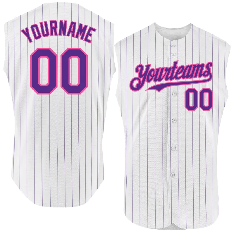 Custom White Purple Pinstripe Orange Authentic Sleeveless Baseball Jersey