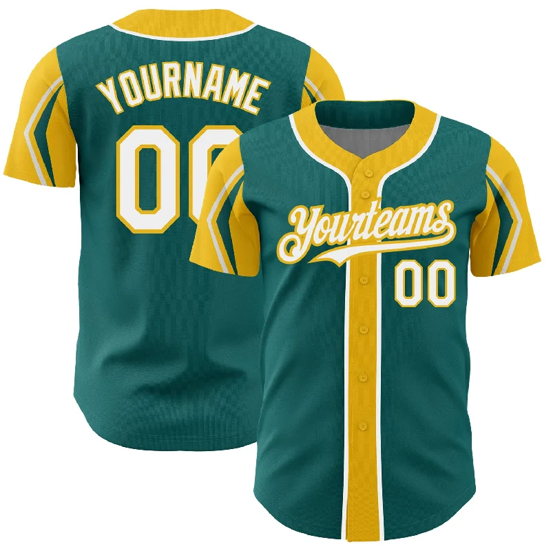 Custom Teal White-Yellow 3 Colors Arm Shapes Authentic Baseball Jersey