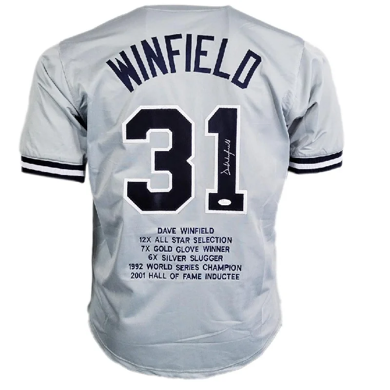 Dave Winfield Signed Stats Inscription New York Grey Baseball Jersey (JSA)