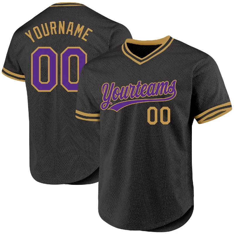 Custom Black Purple-Old Gold Authentic Throwback Baseball Jersey