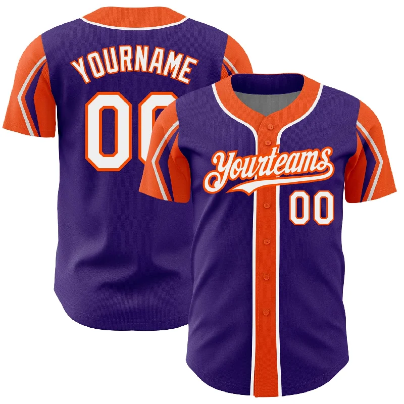 Custom Purple White-Orange 3 Colors Arm Shapes Authentic Baseball Jersey