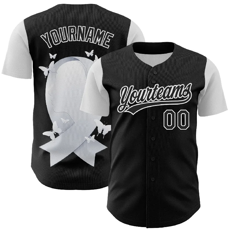 Custom Black White 3D Lung Cancer Ribbon Authentic Baseball Jersey