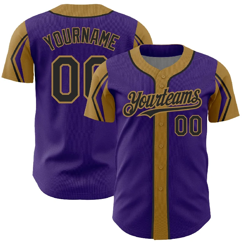 Custom Purple Black-Old Gold 3 Colors Arm Shapes Authentic Baseball Jersey