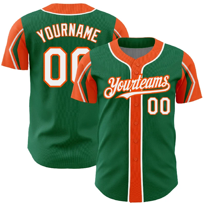 Custom Kelly Green White-Orange 3 Colors Arm Shapes Authentic Baseball Jersey