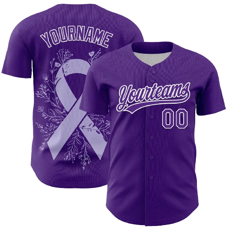 Custom Purple White 3D Gastric Cancer Ribbon Authentic Baseball Jersey