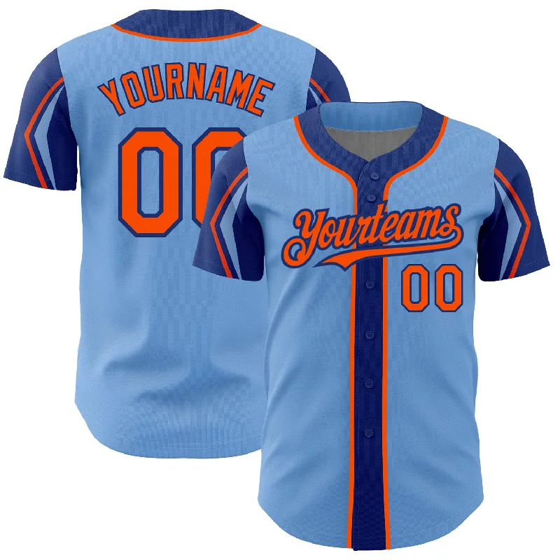 Custom Light Blue Orange-Royal 3 Colors Arm Shapes Authentic Baseball Jersey