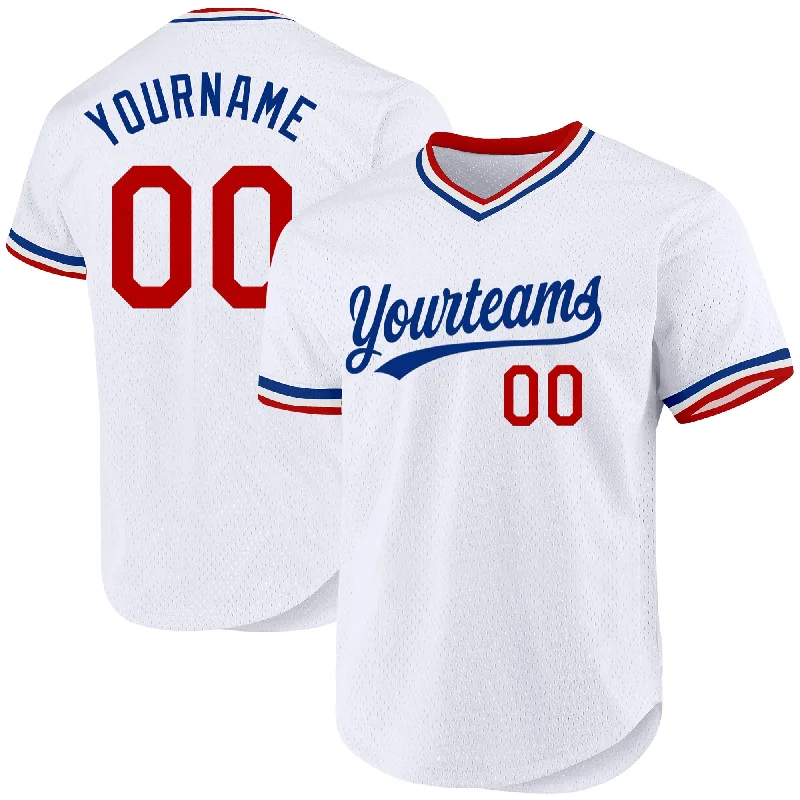 Custom White Red-Royal Authentic Throwback Baseball Jersey