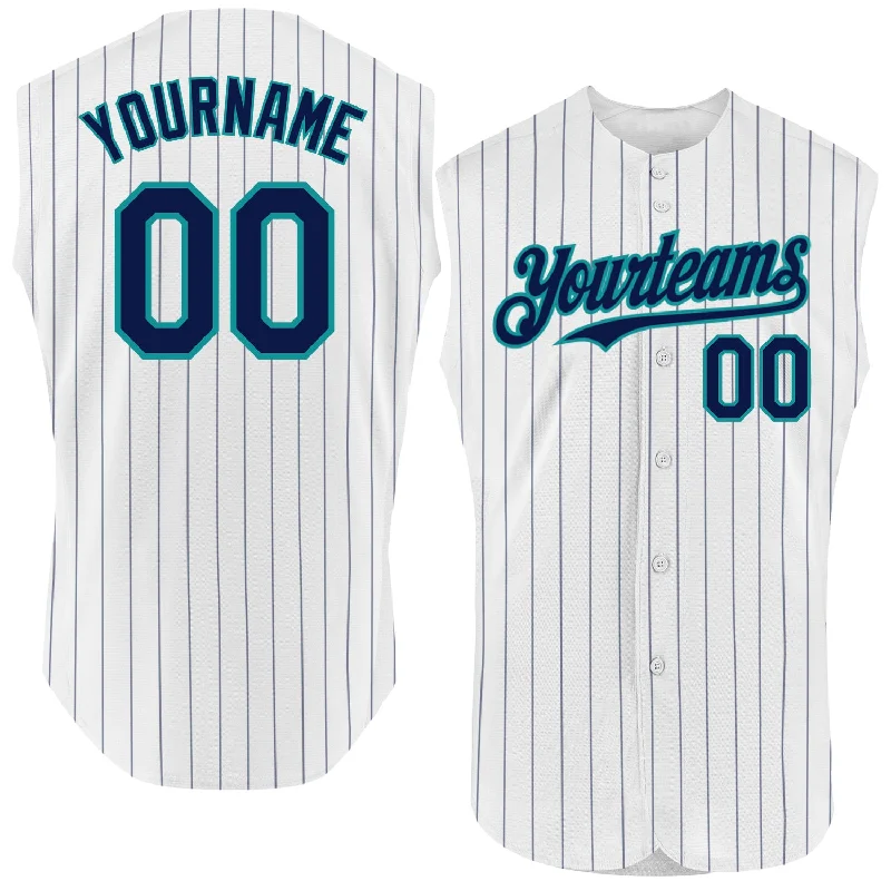 Custom White Navy Pinstripe Neon Green Authentic Sleeveless Baseball Jersey