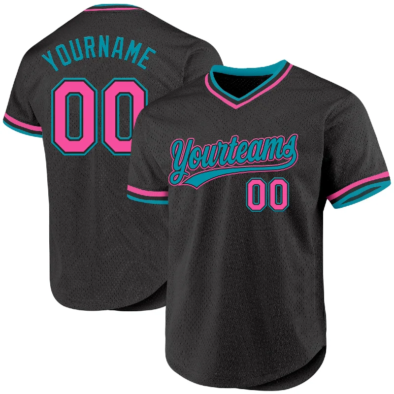 Custom Black Pink-Teal Authentic Throwback Baseball Jersey