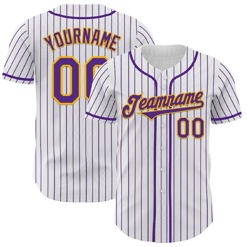 Custom White Purple Pinstripe Gold Authentic Baseball Jersey