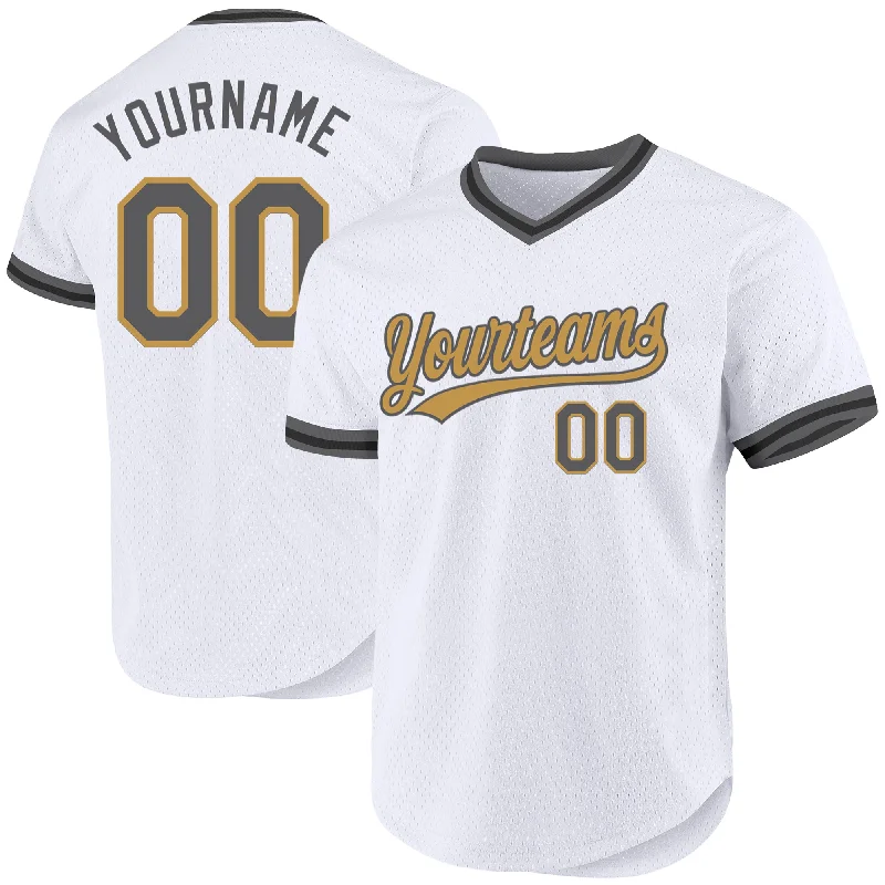 Custom White Steel Gray Old Gold-Black Authentic Throwback Baseball Jersey