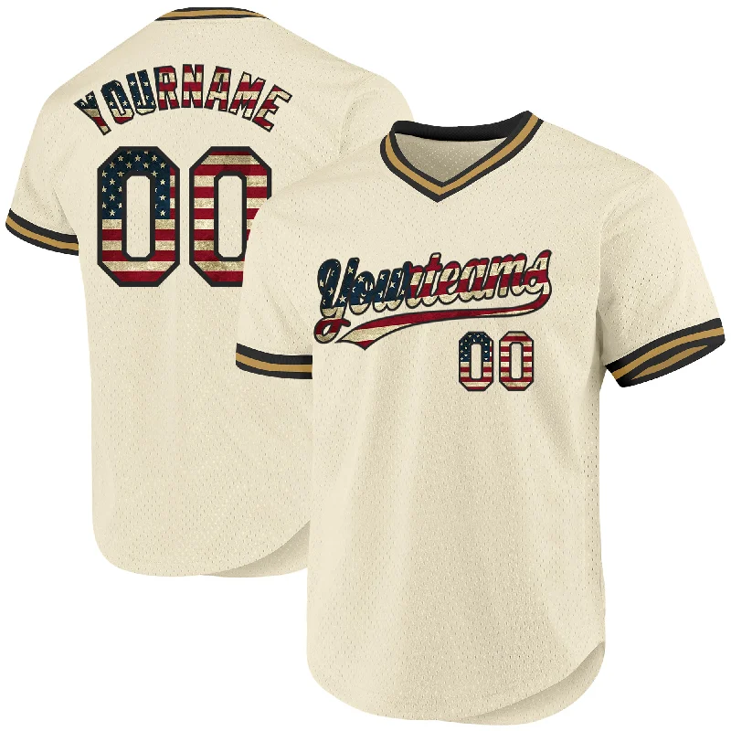 Custom Cream Vintage USA Flag Black-Old Gold Authentic Throwback Baseball Jersey