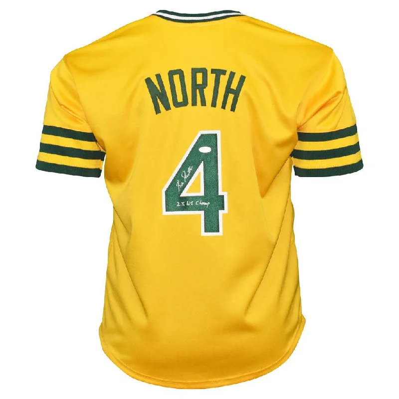 Bill North Signed 2x WS Champs Inscription Oakland Yellow Baseball Jersey (JSA)