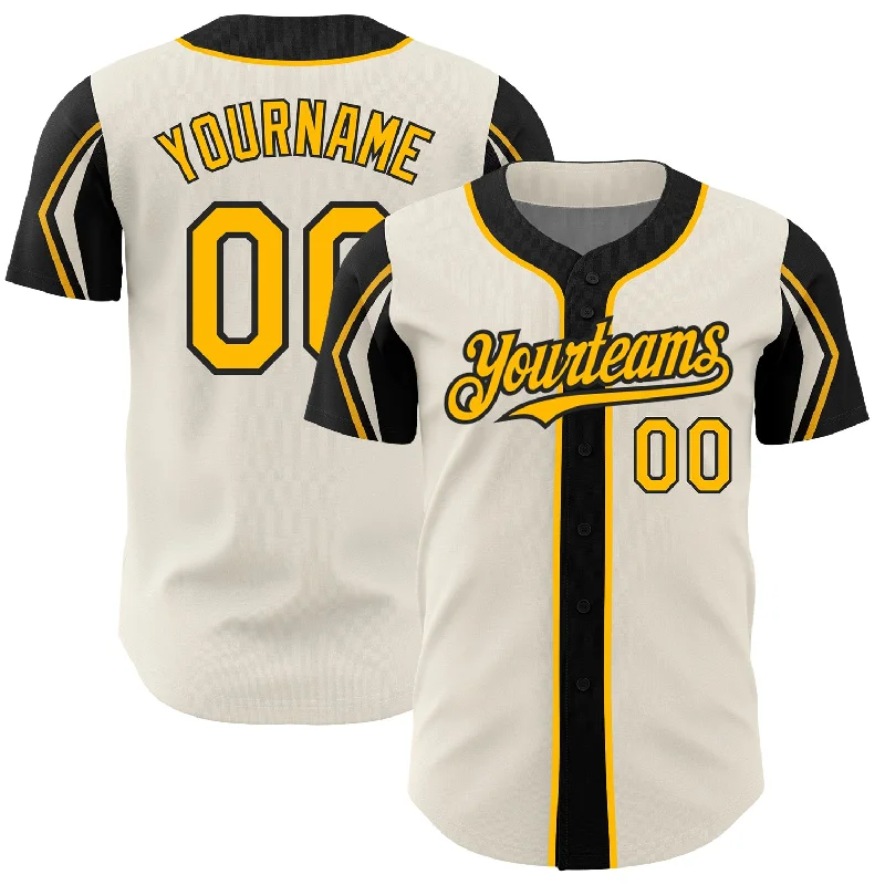 Custom Cream Gold-Black 3 Colors Arm Shapes Authentic Baseball Jersey