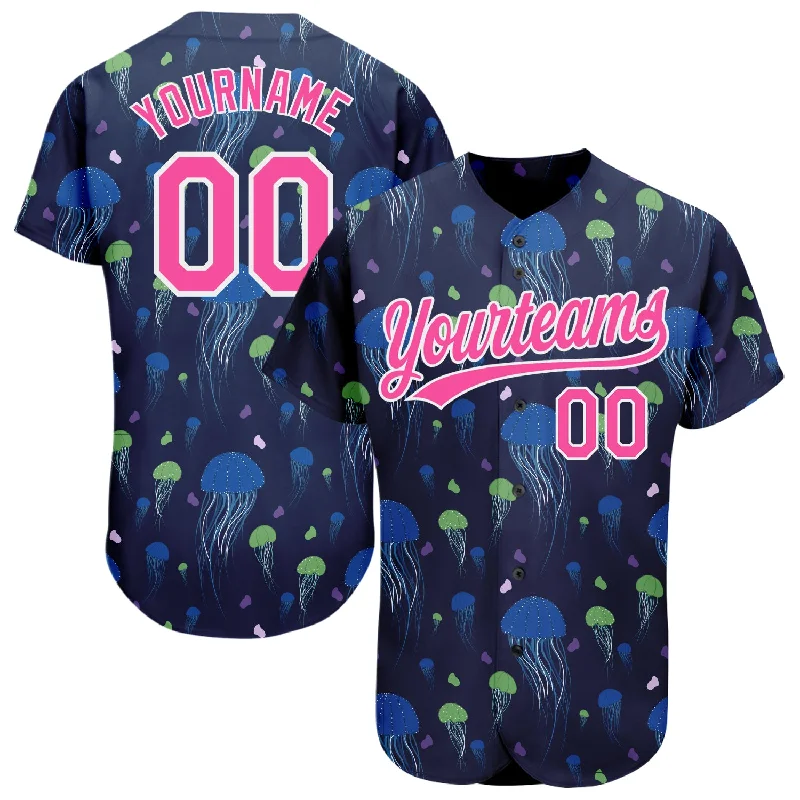 Custom Navy Pink-White 3D Pattern Design Jellyfish Authentic Baseball Jersey